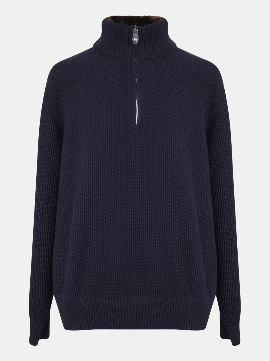 Navy Castorino Baby Cashmere Half-Zip Bomber