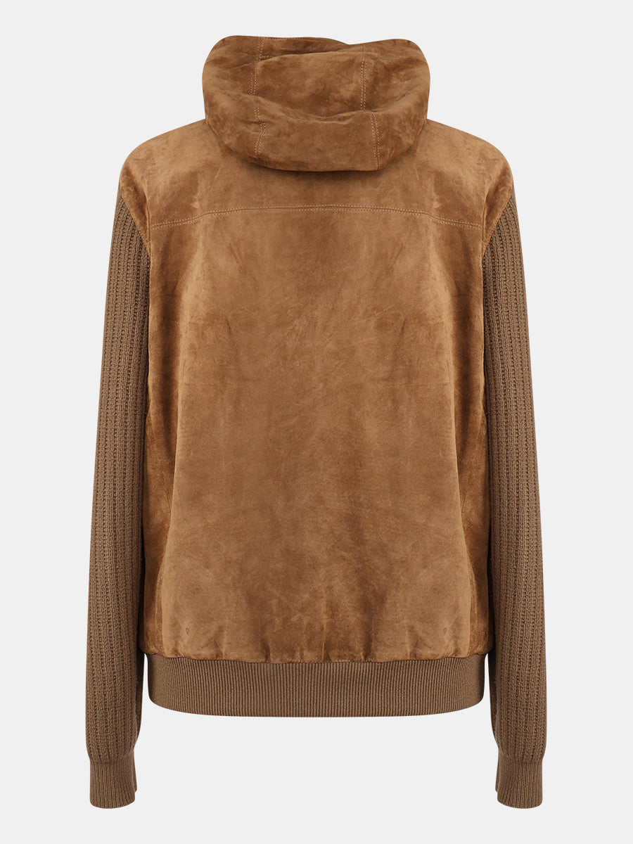 Brown Suede Cashmere Hooded Bomber Jacket