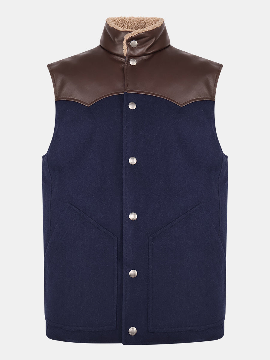 Navy Brown Wool Leather Down Gilet
