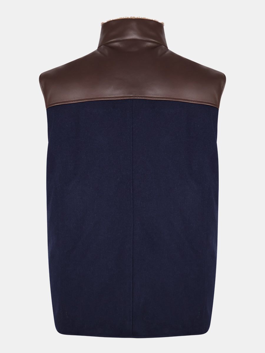 Navy Brown Wool Leather Down Gilet