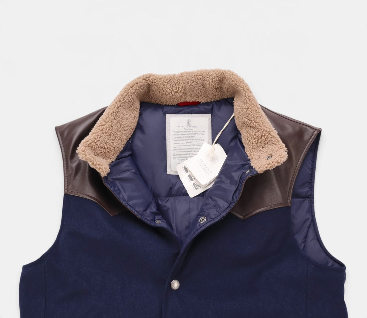 Navy Brown Wool Leather Down Gilet