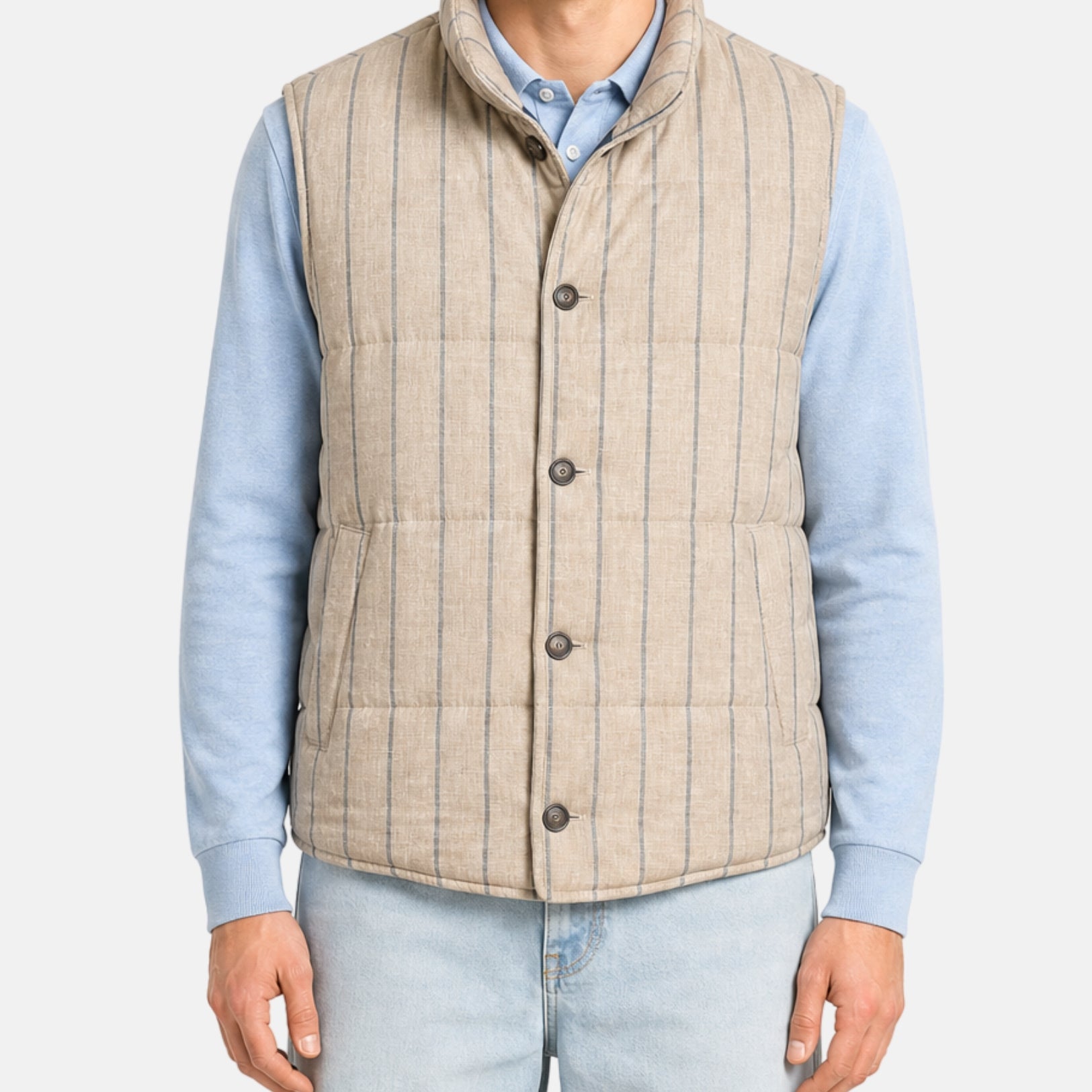 Beige-Blue Striped Vest made of Linen/Wool/Silk (L)