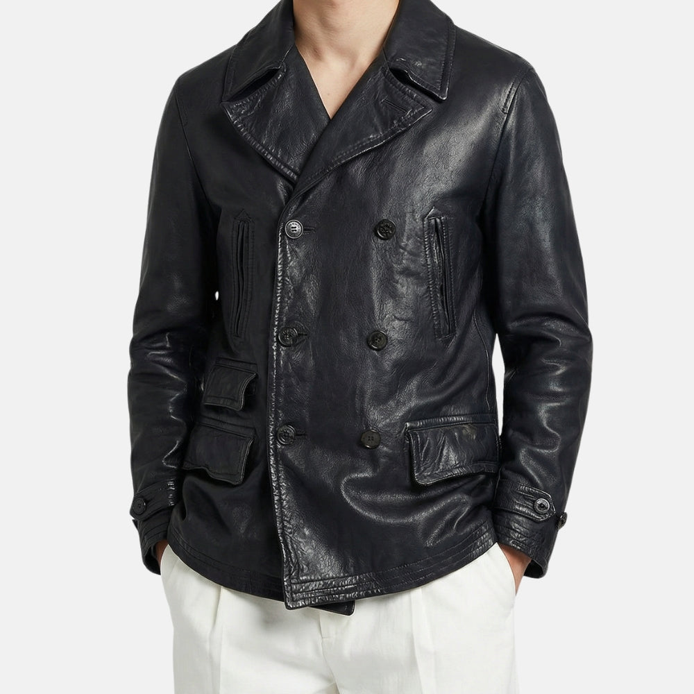 Black Peacoat made of Leather (XL)