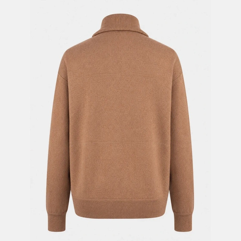 Loro Piana camel jersey bomber jacket, back view showing ribbed hem and collar