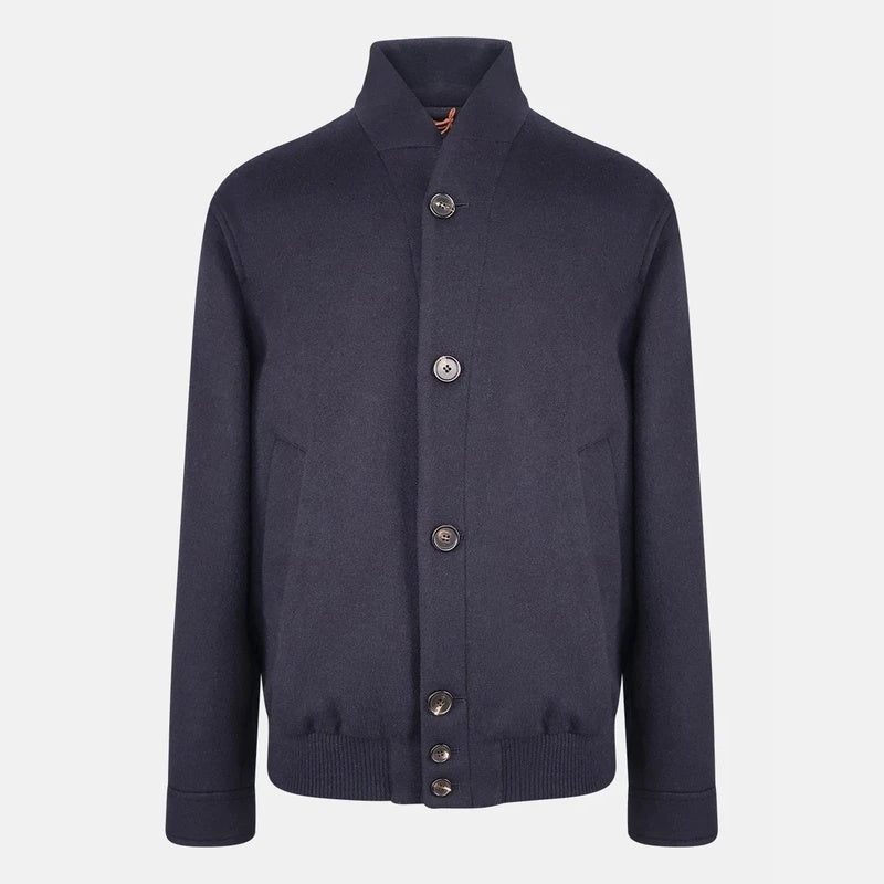 Loro Piana navy Gaikan cashmere bomber jacket, front view with button closure and slit pockets