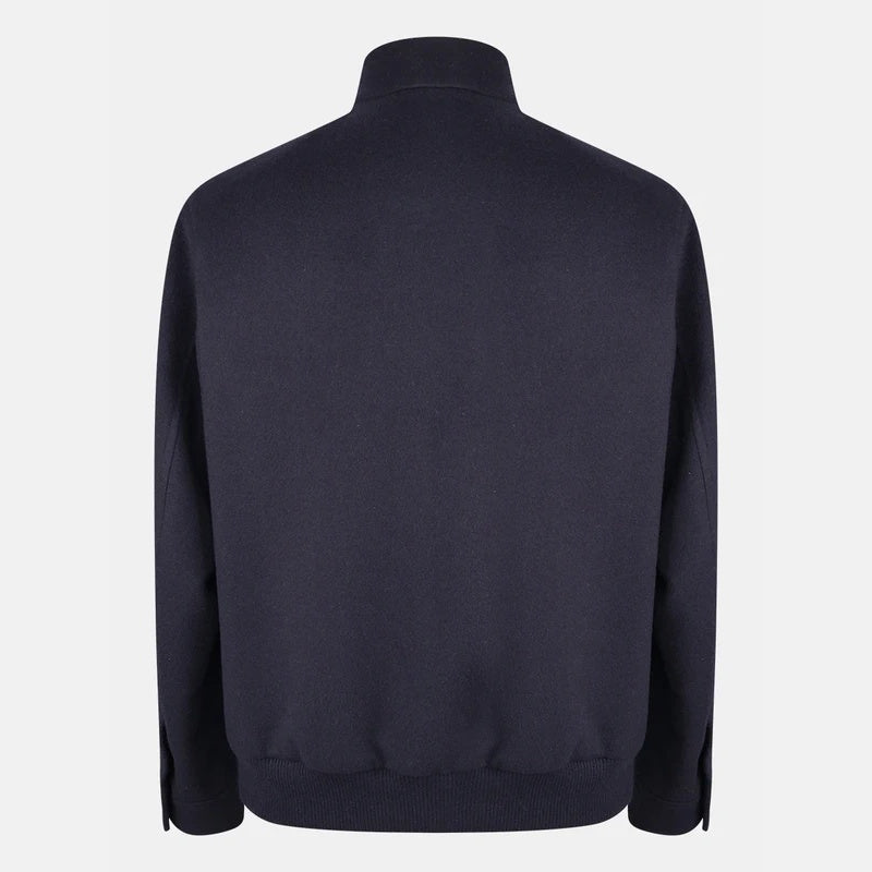 Loro Piana navy cashmere bomber jacket, back view showing ribbed hem