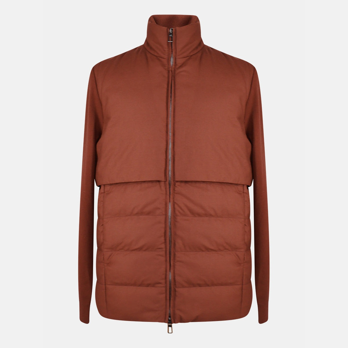 Loro Piana Gift of Kings down jacket in brick, knit merino wool
