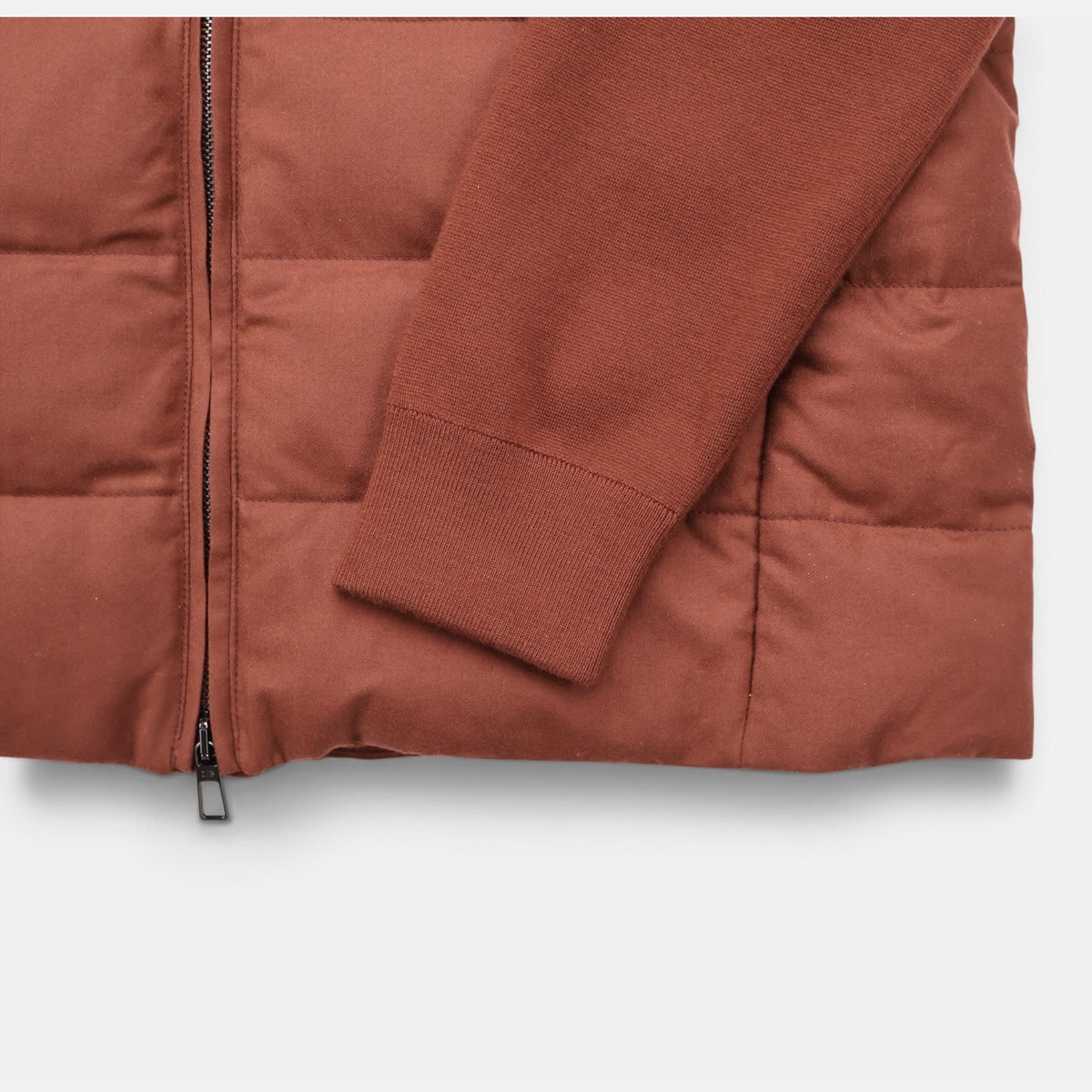 Loro Piana Gift of Kings down jacket in brick, knit merino wool