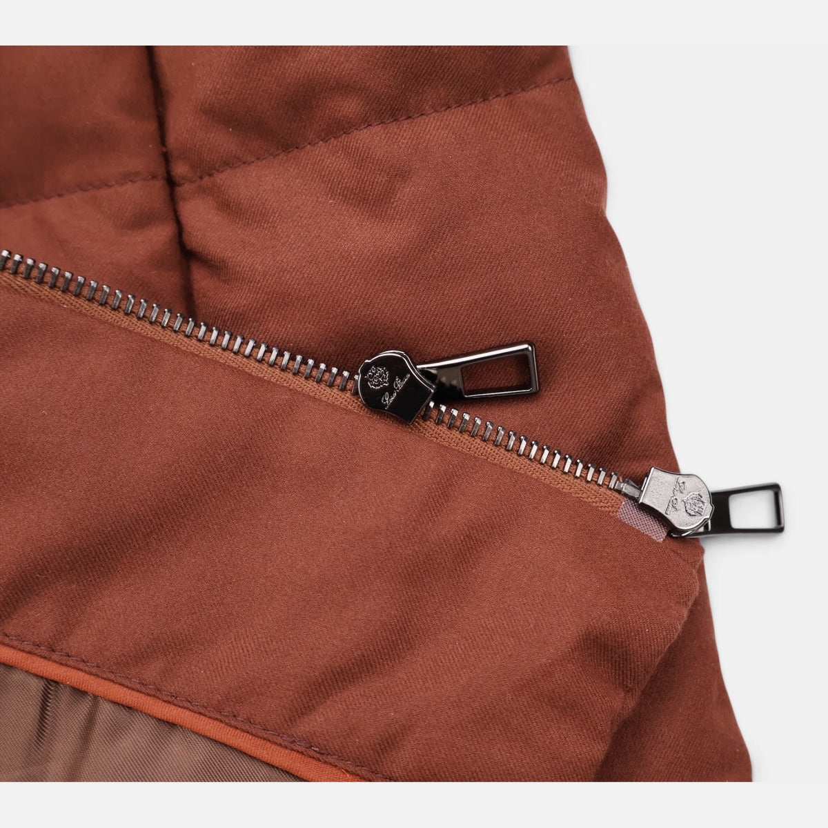 Loro Piana Gift of Kings down jacket in brick, knit merino wool