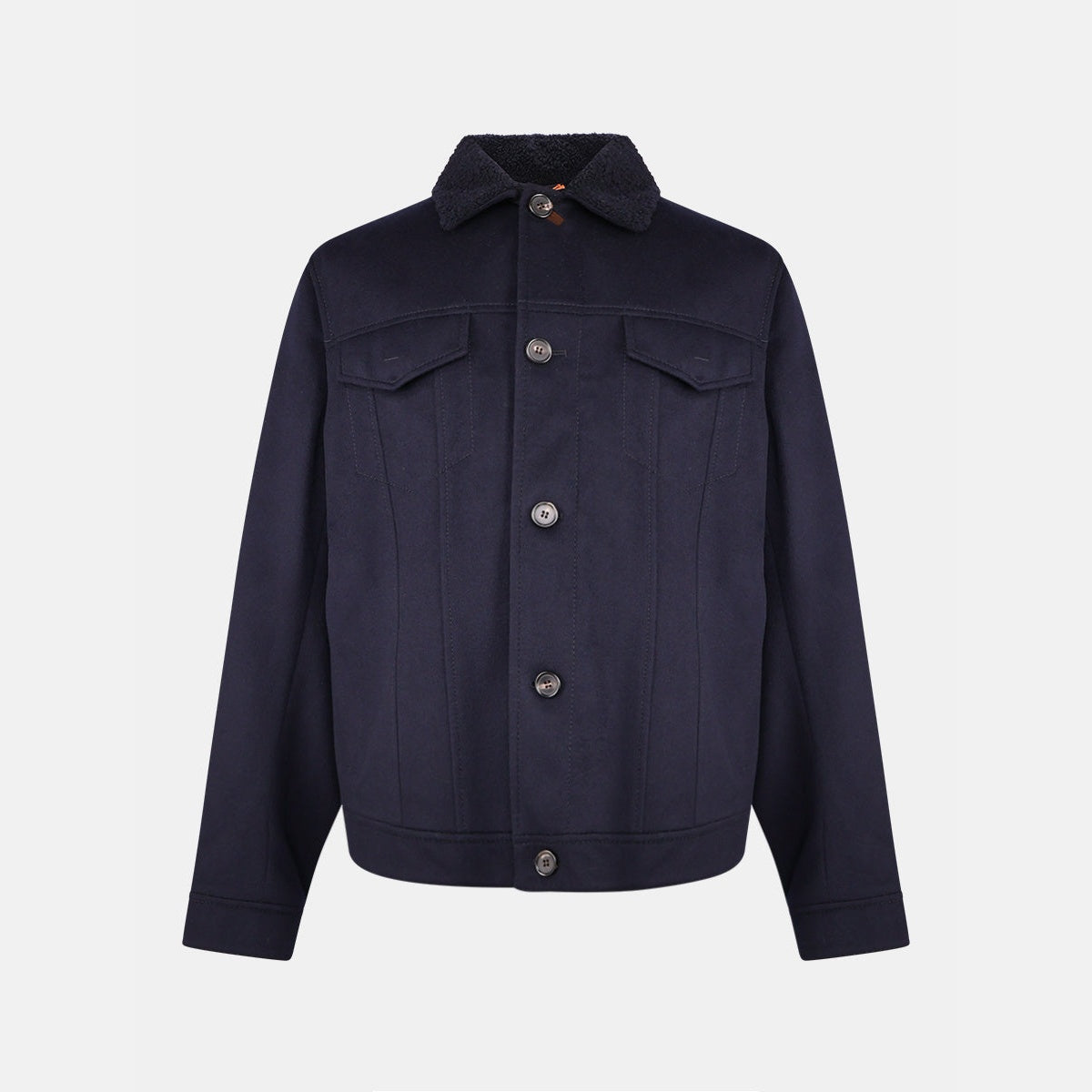 Loro Piana navy cashmere trucker jacket with shearling lamb fur collar
