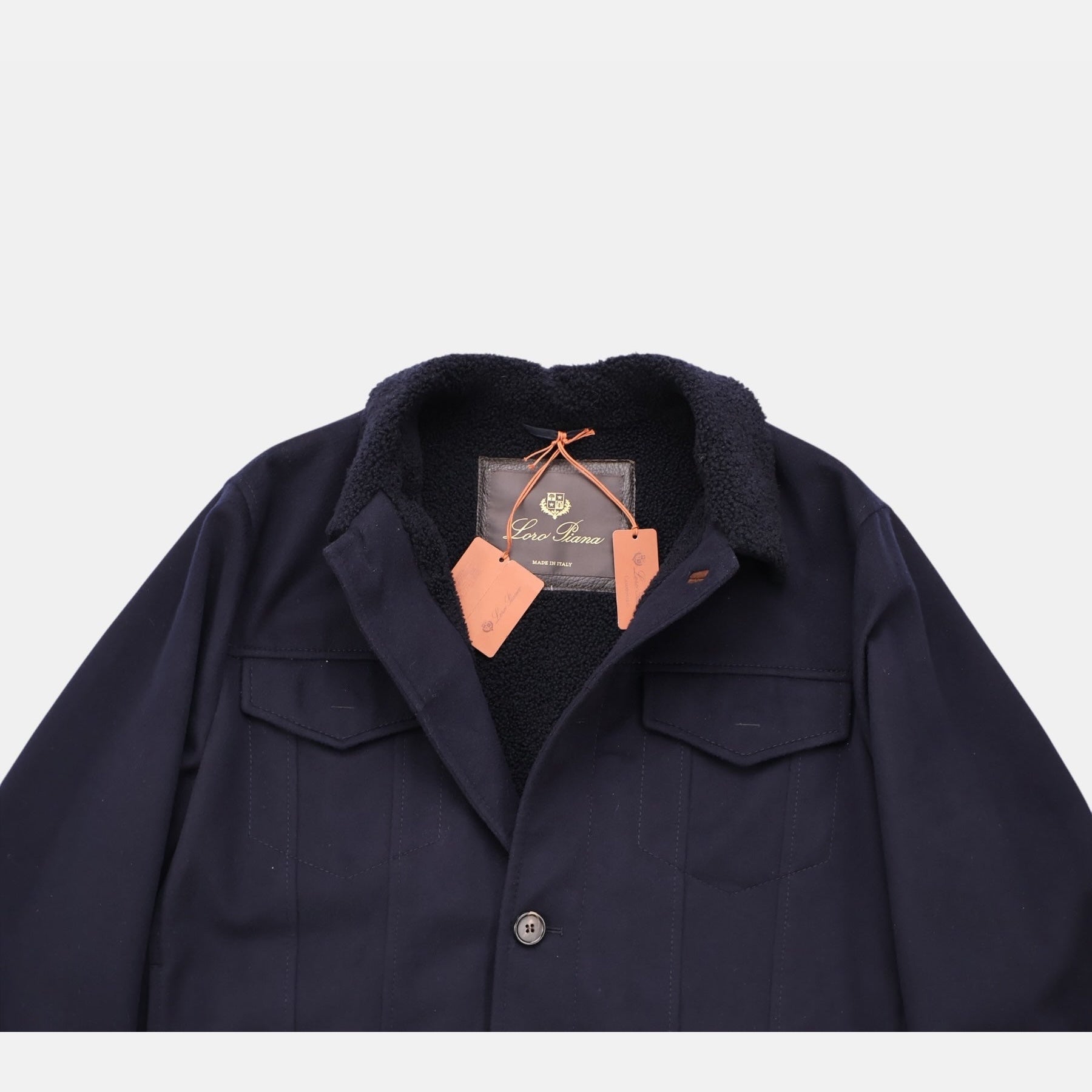 Loro Piana navy cashmere trucker jacket with shearling lamb fur collar
