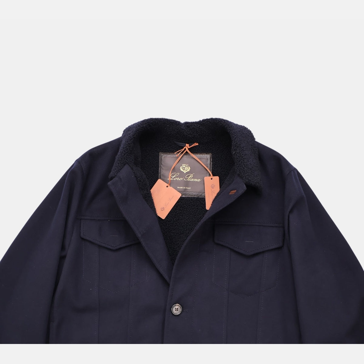 Loro Piana navy cashmere trucker jacket with shearling lamb fur collar