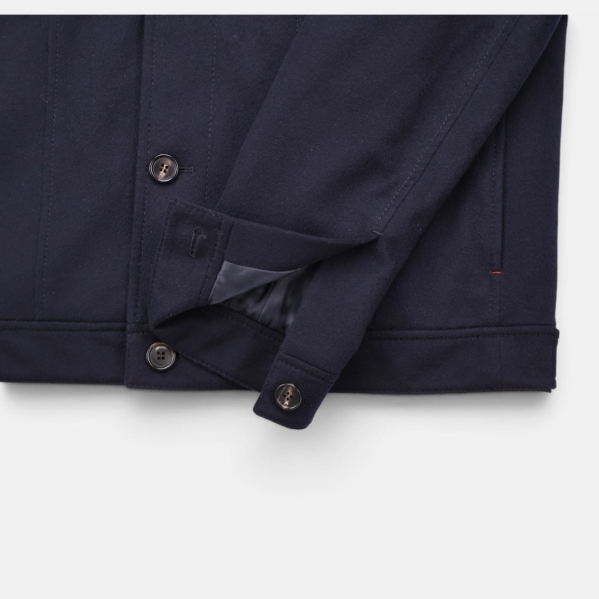 Loro Piana navy cashmere trucker jacket with shearling lamb fur collar