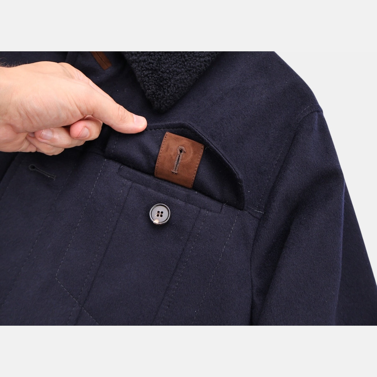 Loro Piana navy cashmere trucker jacket with shearling lamb fur collar