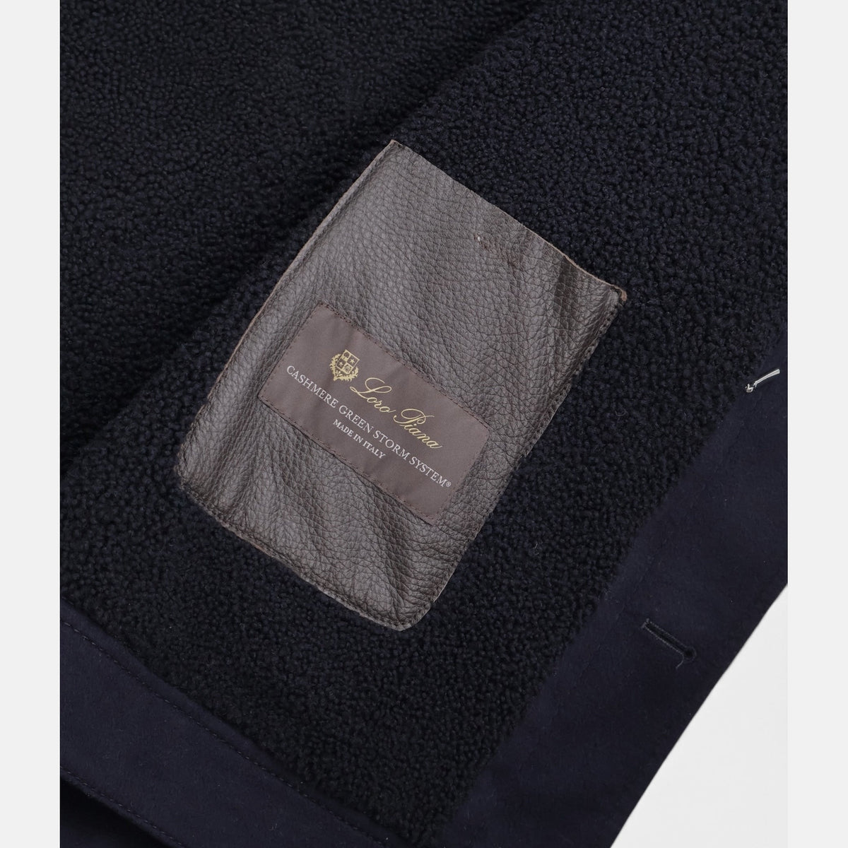 Loro Piana navy cashmere trucker jacket with shearling lamb fur collar