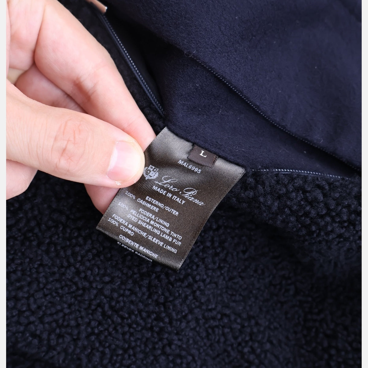 Loro Piana navy cashmere trucker jacket with shearling lamb fur collar
