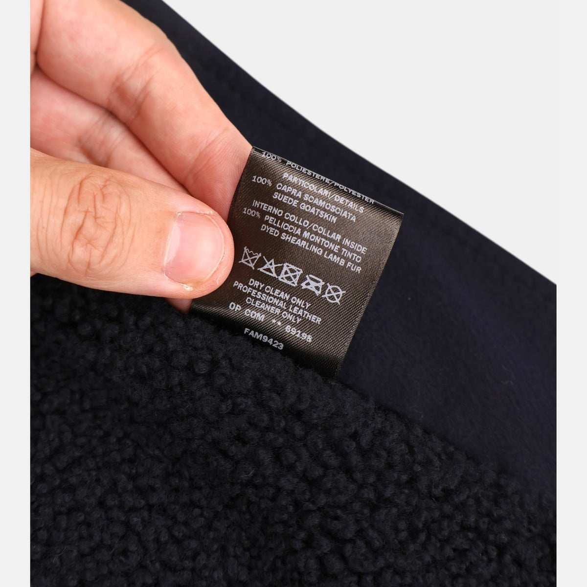 Loro Piana navy cashmere trucker jacket with shearling lamb fur collar