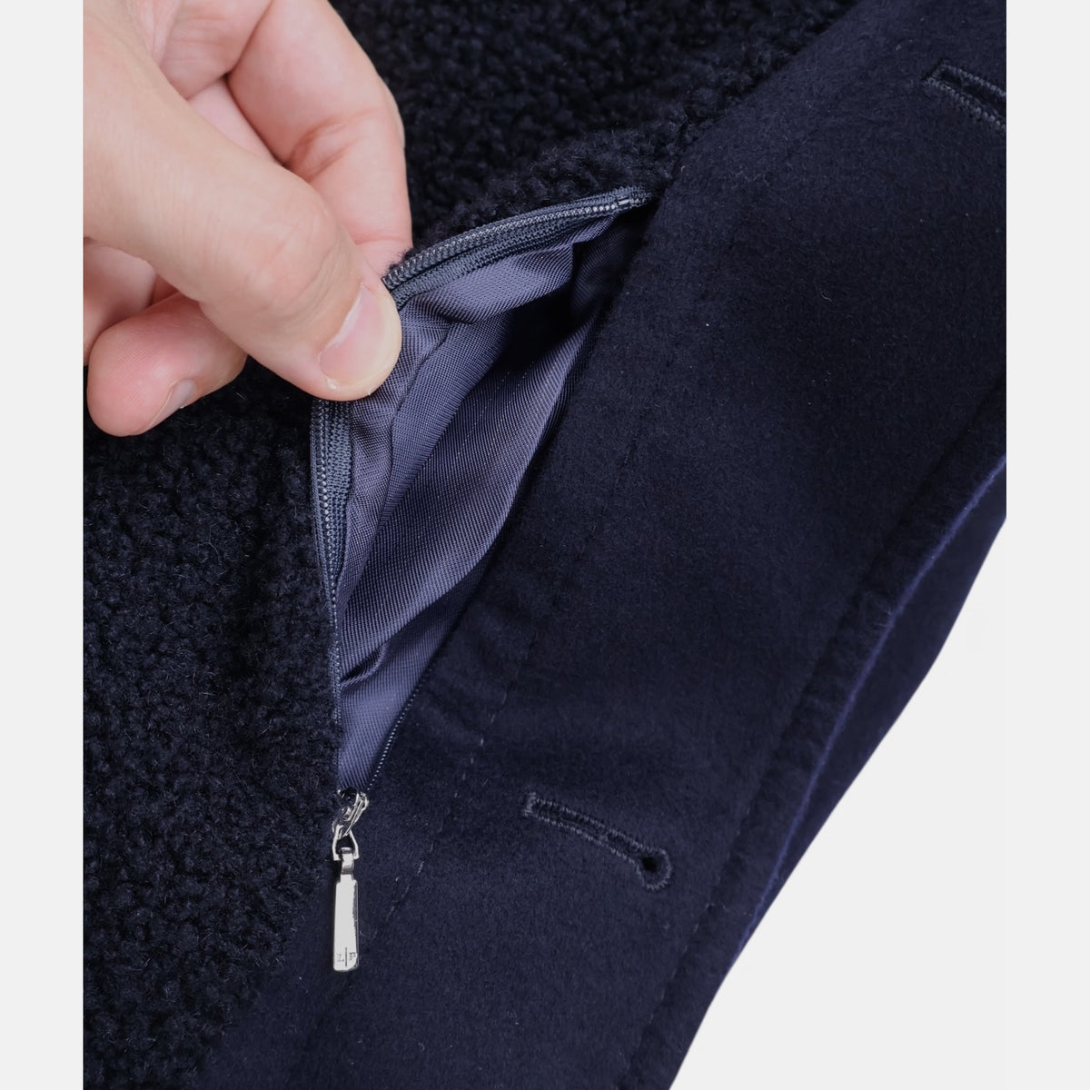 Loro Piana navy cashmere trucker jacket with shearling lamb fur collar