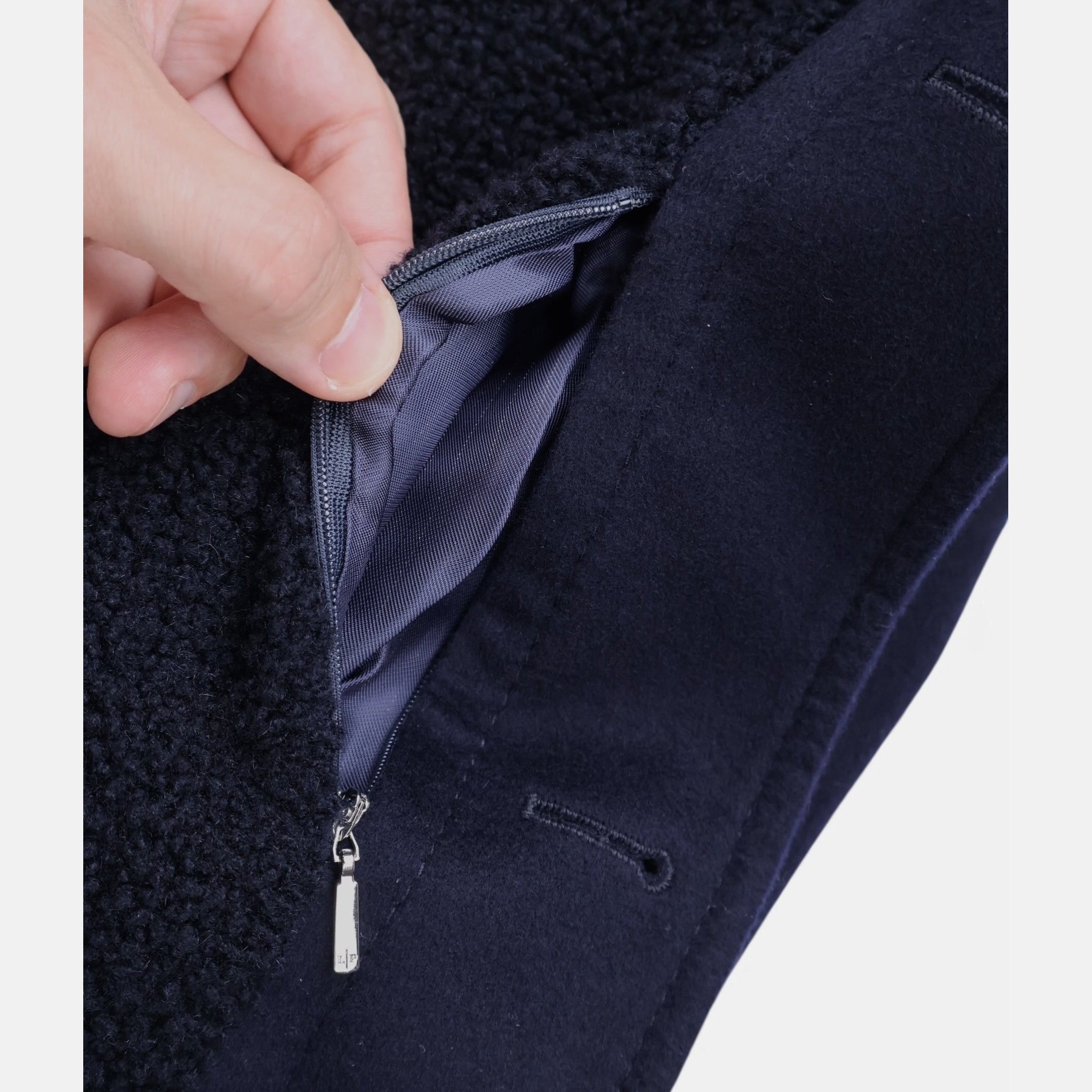 Loro Piana navy cashmere trucker jacket with shearling lamb fur collar