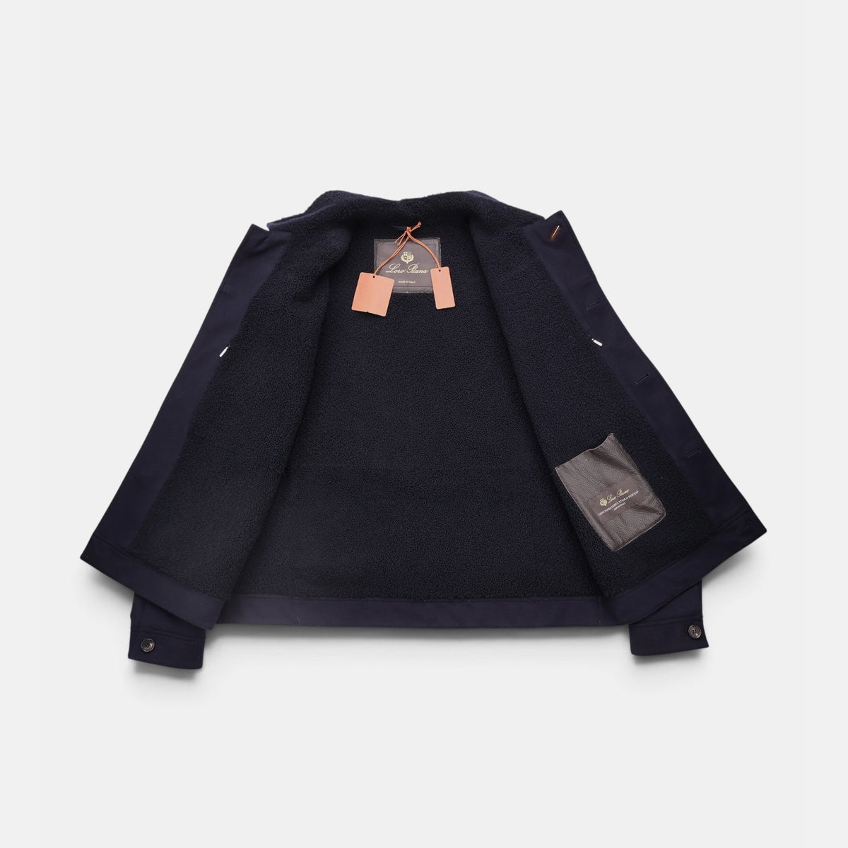 Loro Piana navy cashmere trucker jacket with shearling lamb fur collar