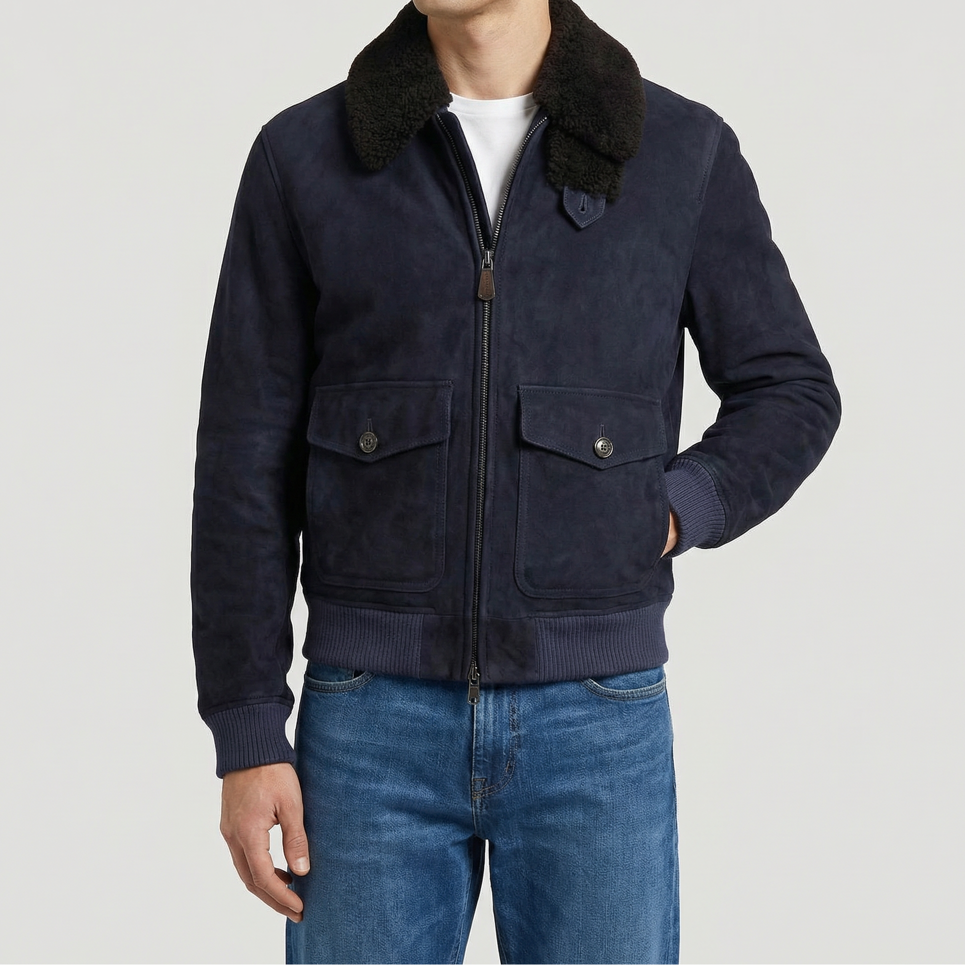 Navy Blue Aviator Shearling Jacket (L)