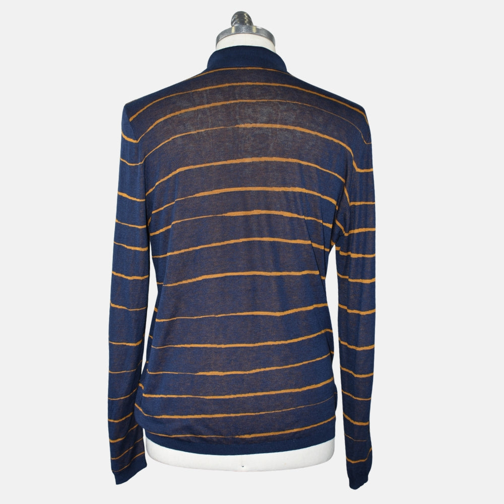 Blue-Ochre Silk Patterned Longsleeve Polo (EU 50)
