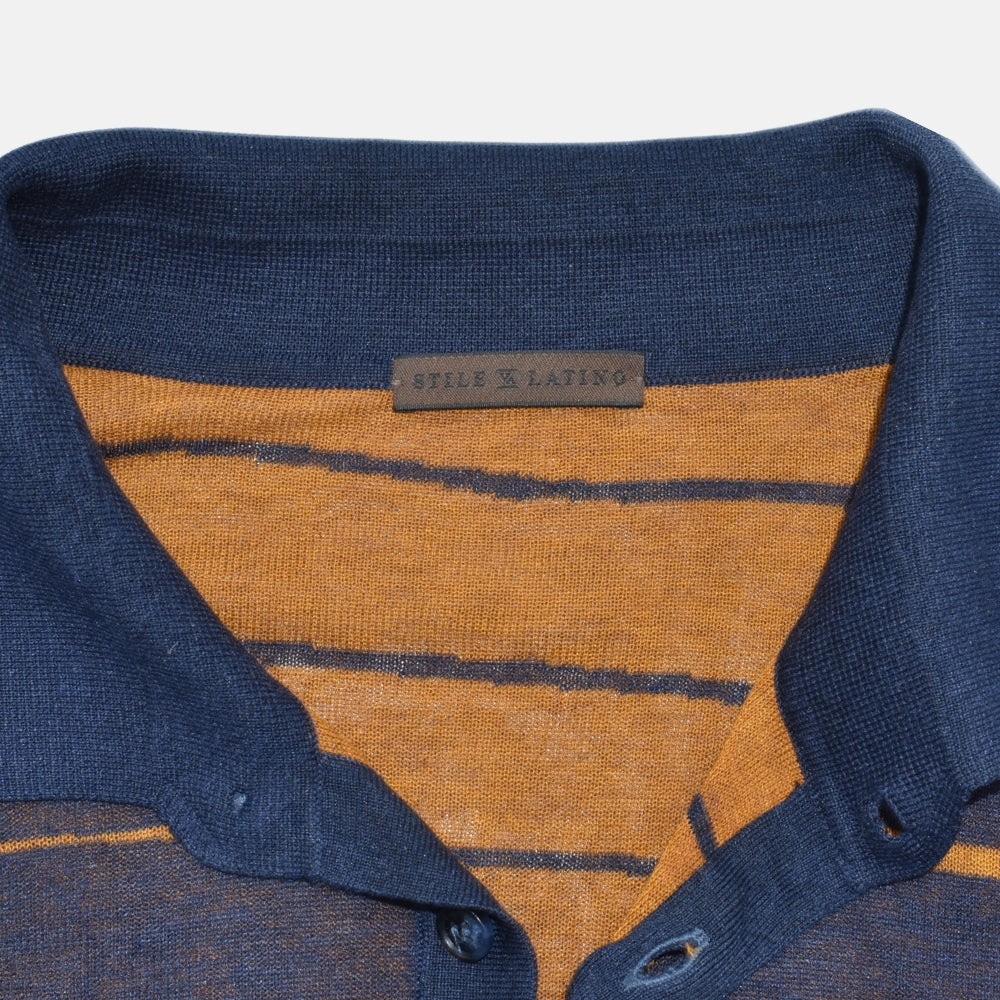 Blue-Ochre Silk Patterned Longsleeve Polo (EU 50)