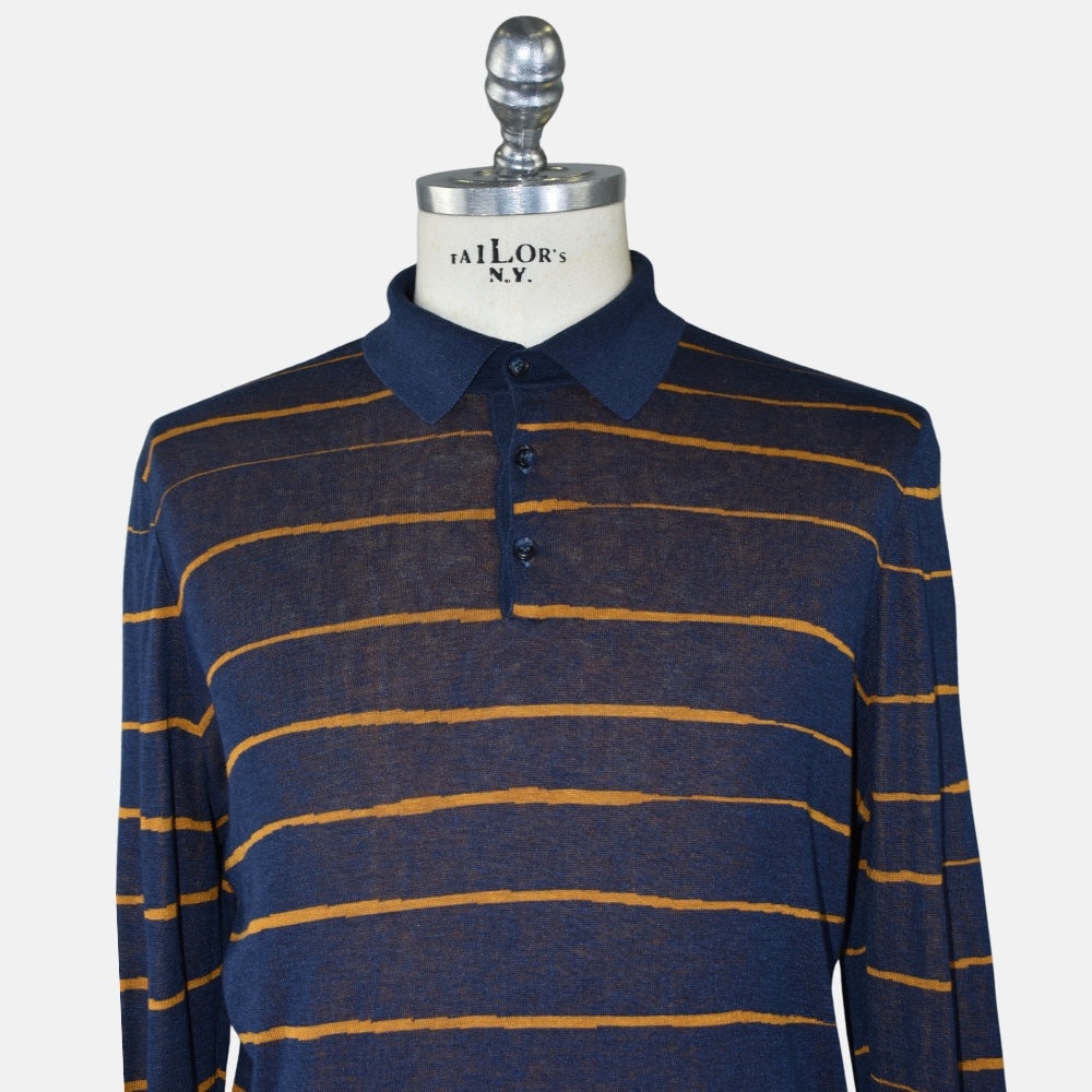 Blue-Ochre Silk Patterned Longsleeve Polo (EU 50)