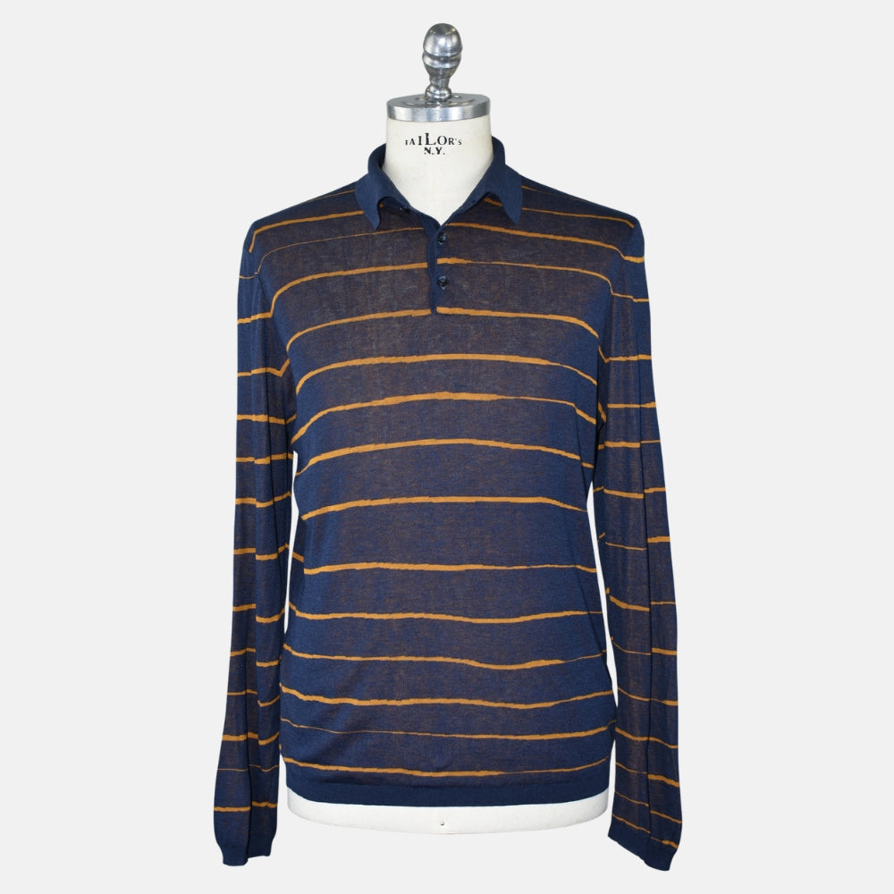 Blue-Ochre Silk Patterned Longsleeve Polo (EU 50)