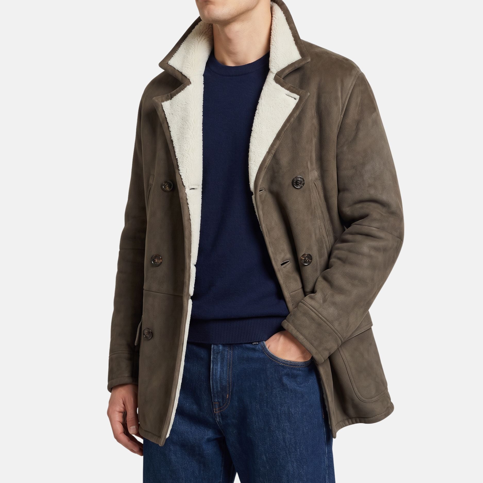 Hellbrauner zweireihiger Shearling-Mantel (L)