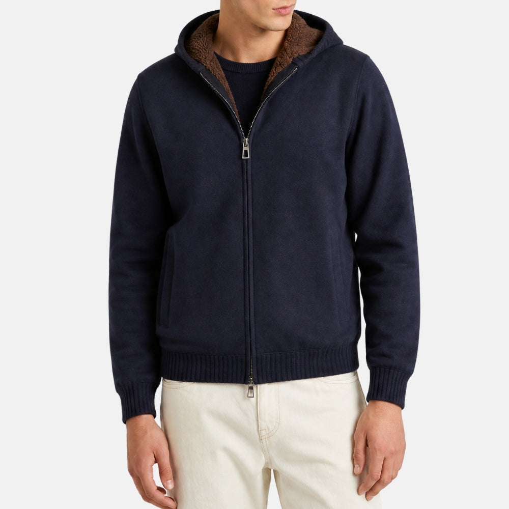 Navy Blue Hooded Beaver Lined Cashmere Jacket (L)