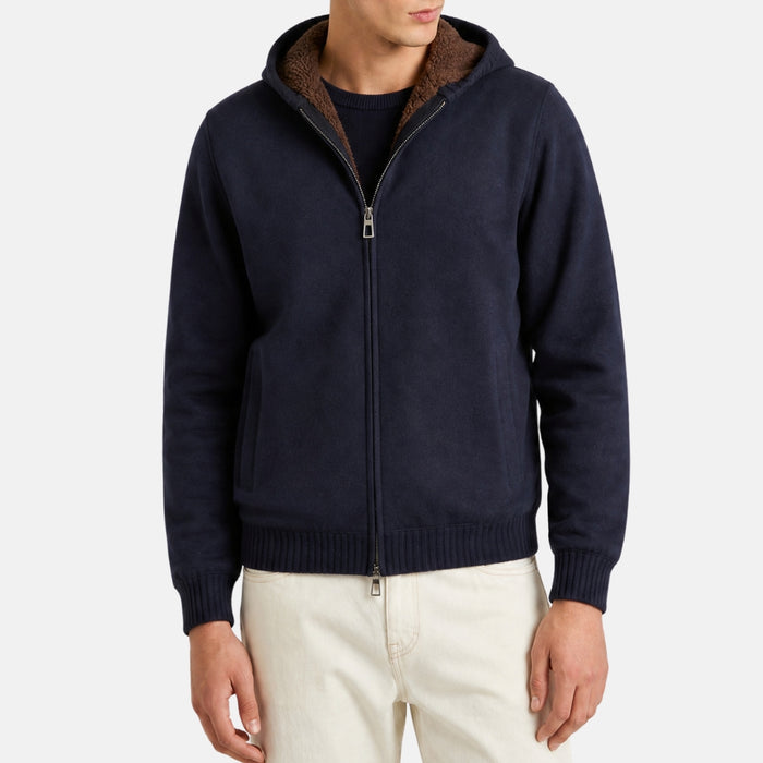 Navy Blue Hooded Beaver Lined Cashmere Jacket (L)