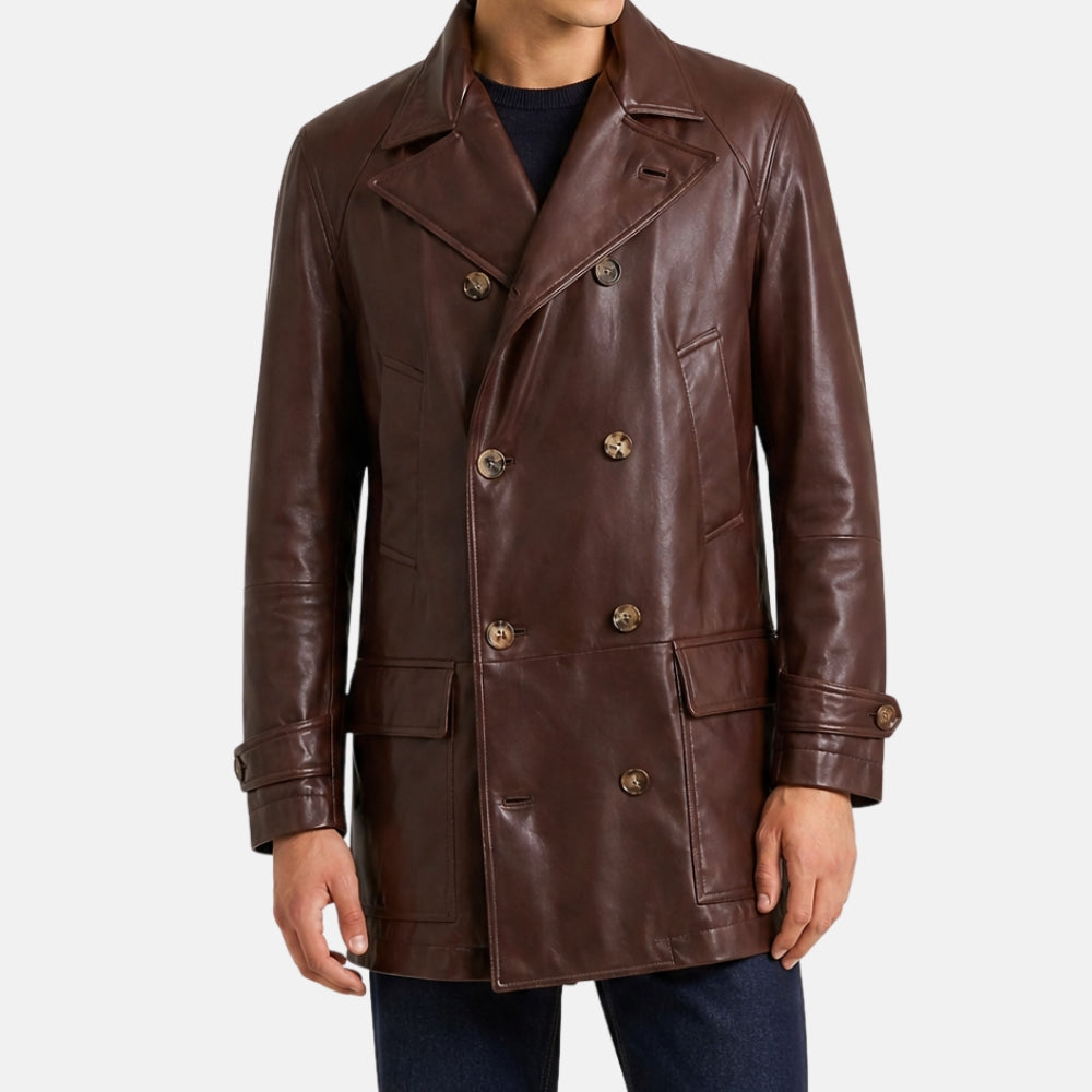 Brown Double-Breasted Leather Pea Coat (M)