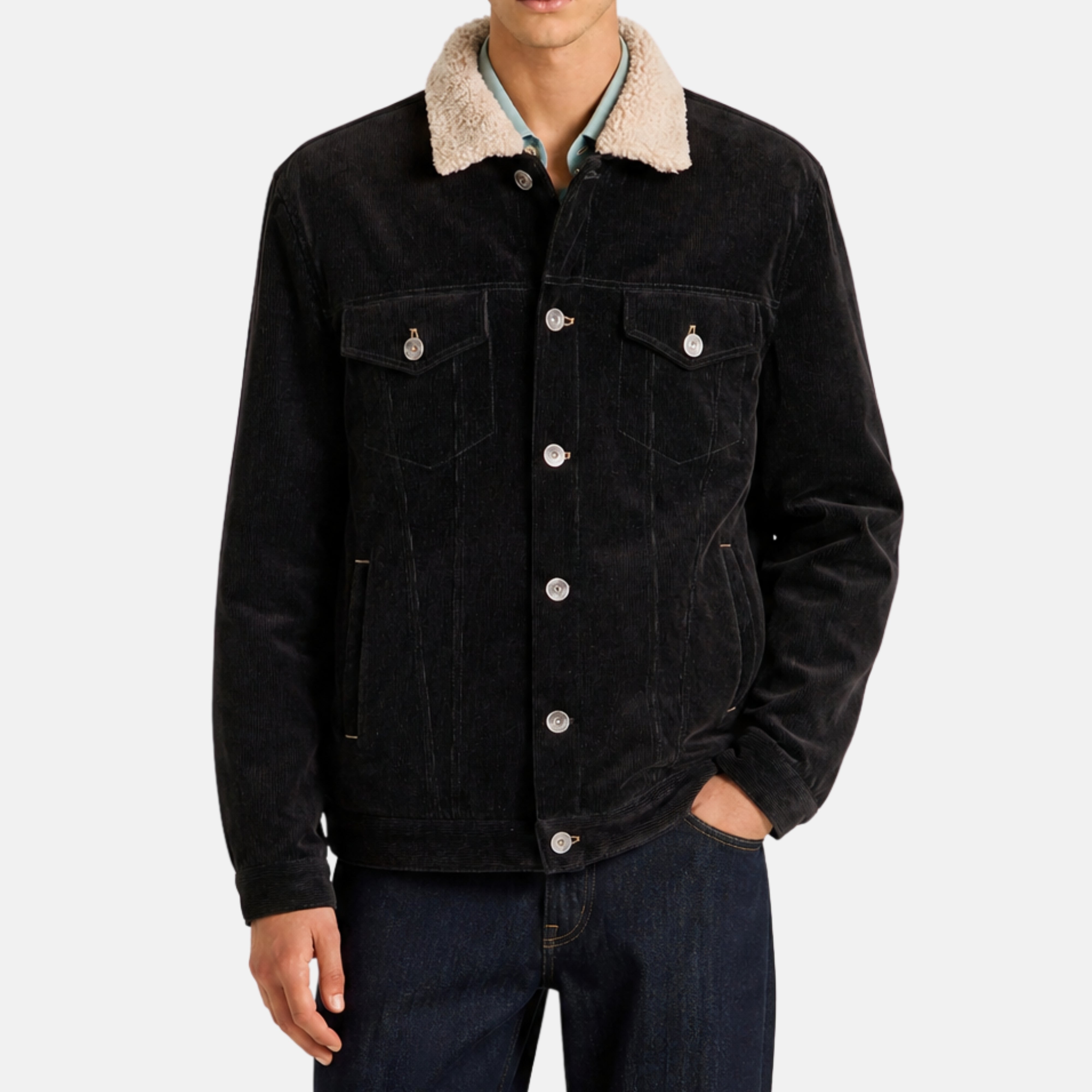 Black Corduroy Cotton/Cashmere Shearling Jacket (EU 54)