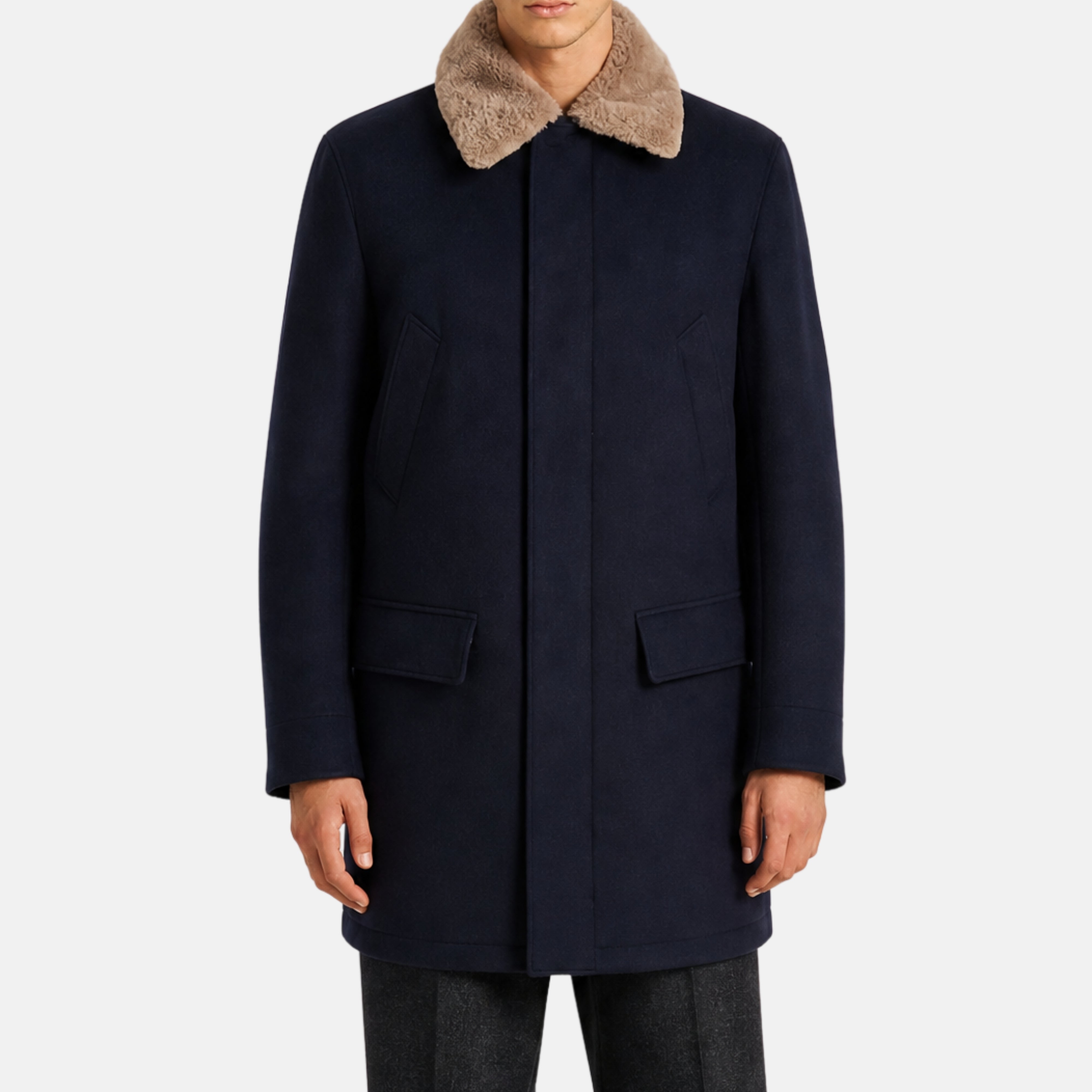 Navy Beaver Lined Cashmere Coat (M)
