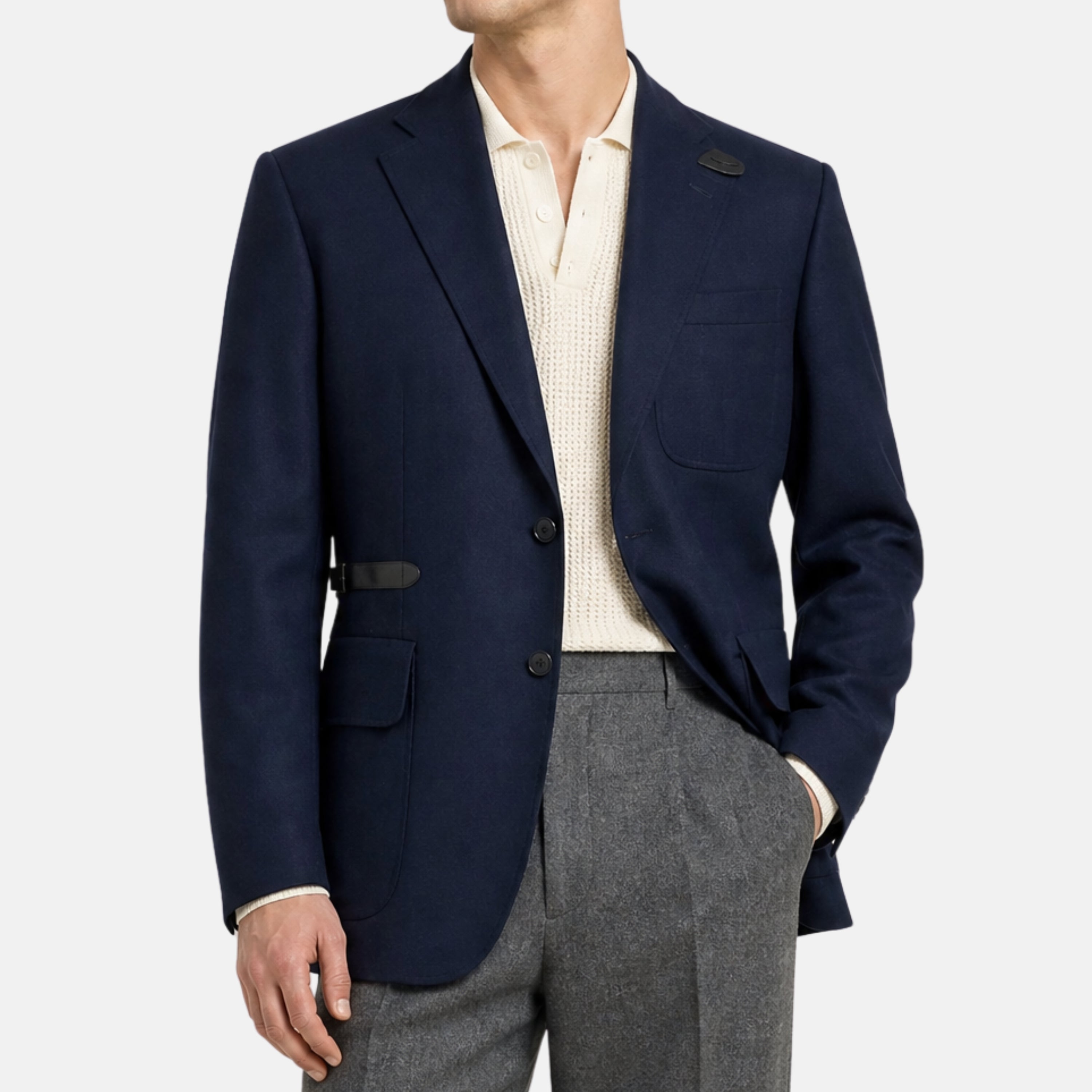 Navy Cashmere Blazer with Leather Applications (EU 50)