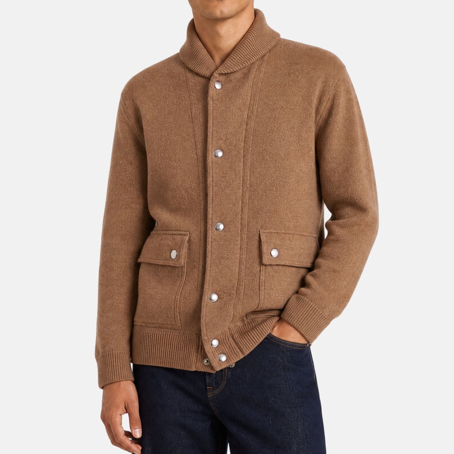 Man wearing a Loro Piana camel jersey bomber jacket with shawl collar and snap-button placket