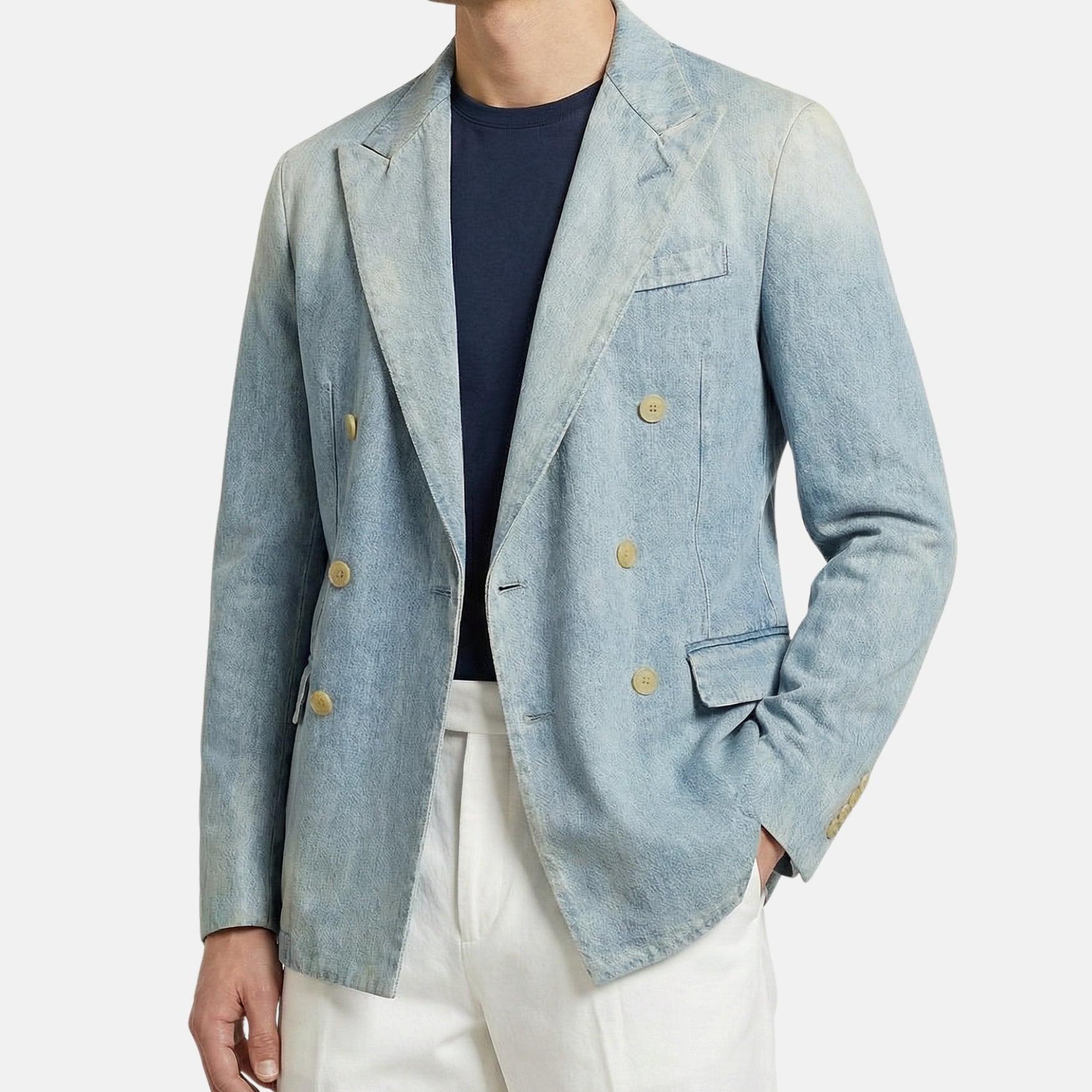 Blue Double Breasted Denim Cotton Blazer (EU 52)