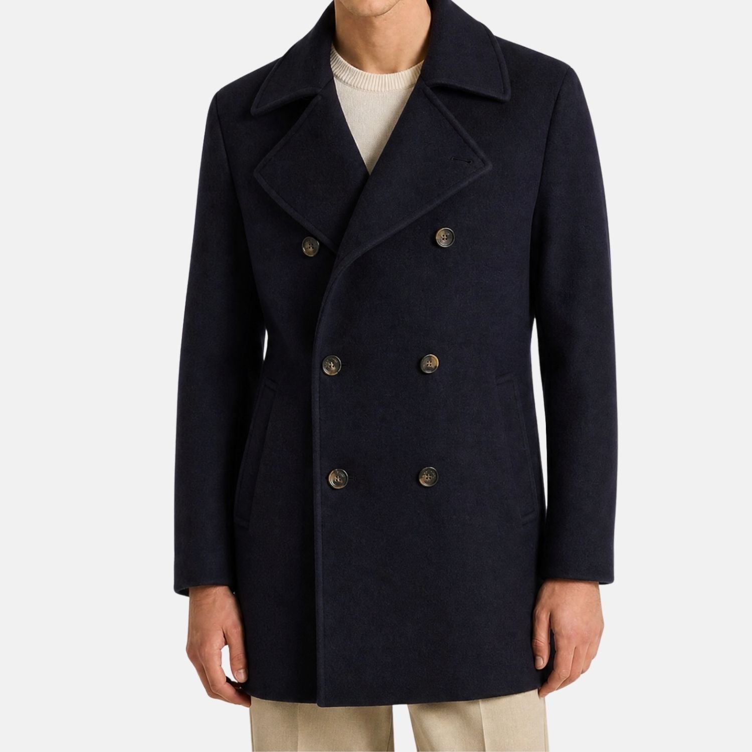 Navy Double Breasted Cashmere Pea Coat (L)
