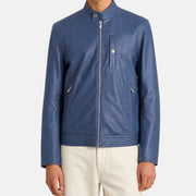 Blue Leather Biker Jacket (M)