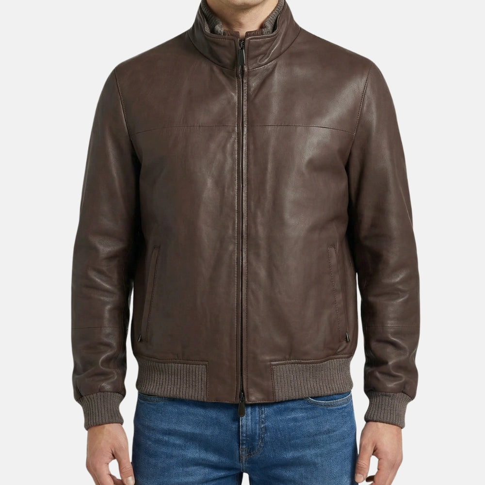 Brown Leather Jacket with Cashmere Details (EU 58)