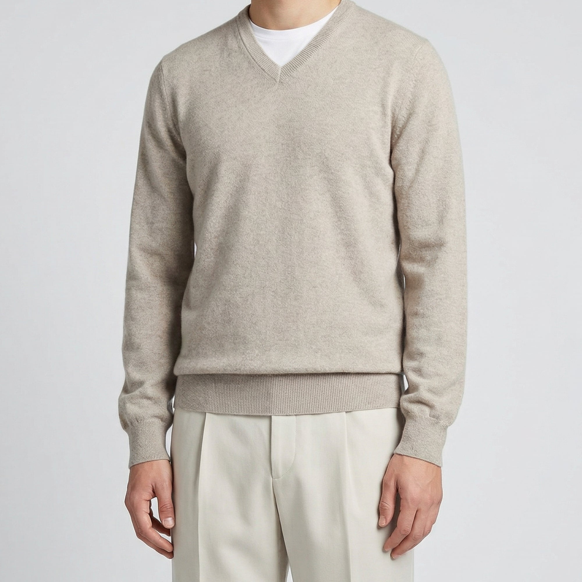 Beige V-Neck Cashmere Sweater (EU 46)