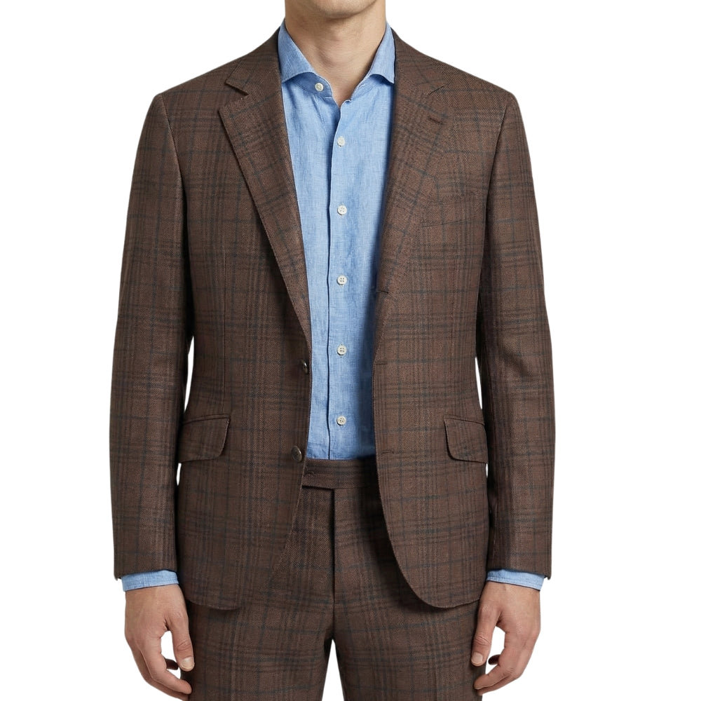 Brwon Checked Suit made of Linen/Wool/Silk (EU 46)