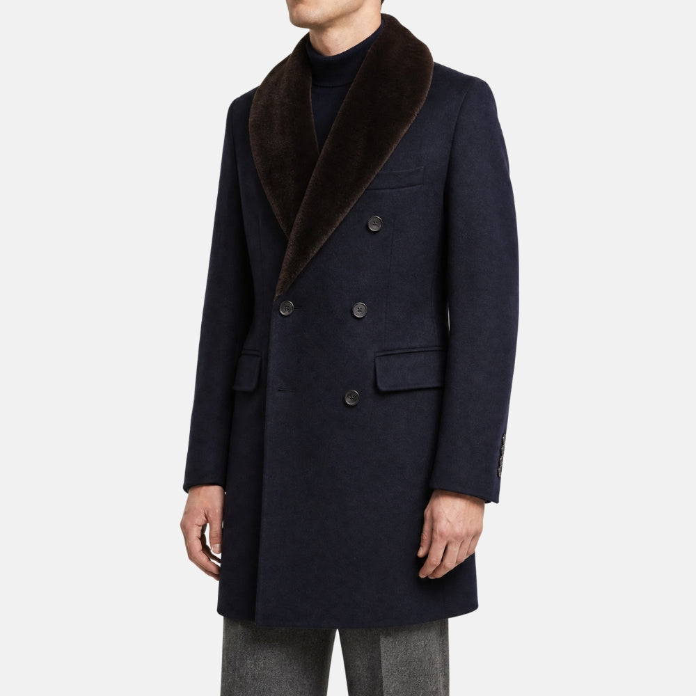 Navy Double-Breasted Baby Cashmere Coat with Mink Collar (EU 54)