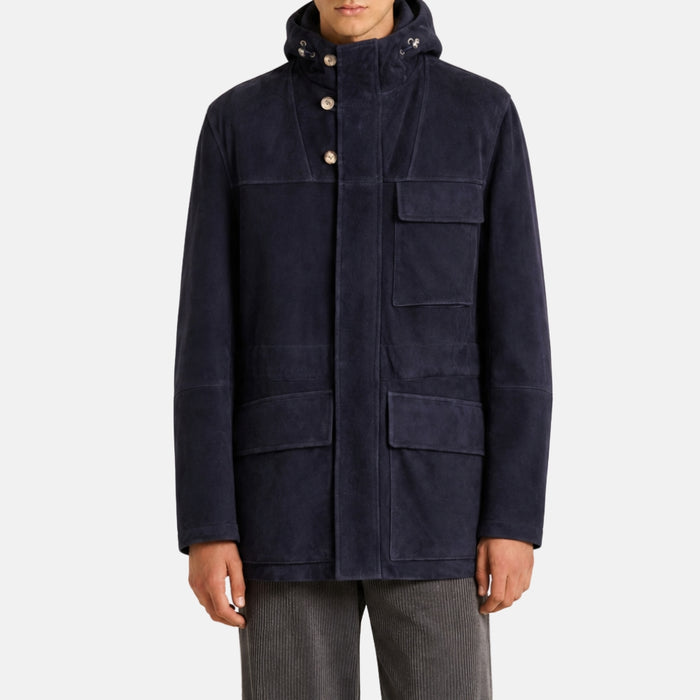 Navy Blue Hooded Shearling Parka