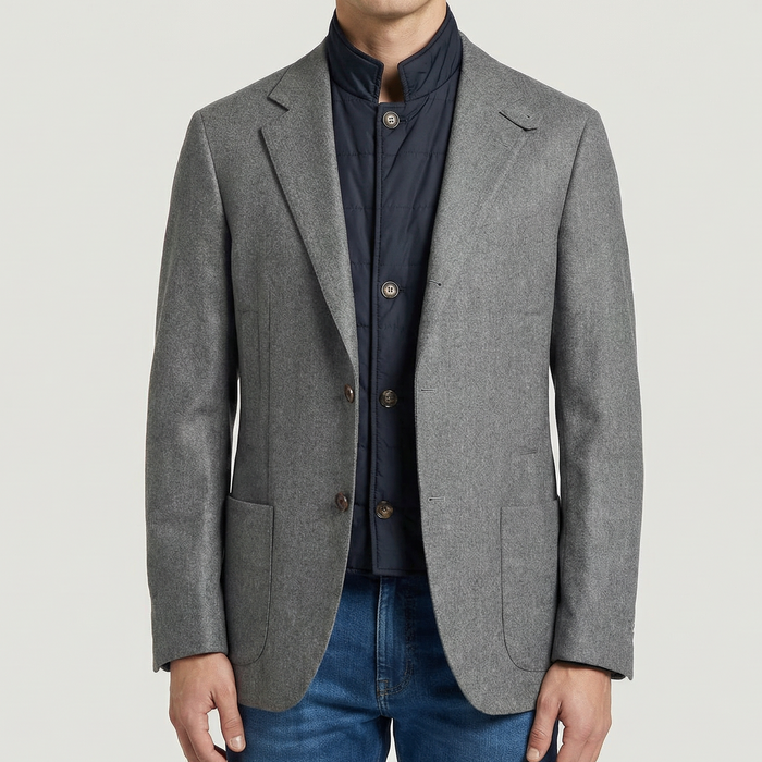 Grauer Blazer mit abnehmbarer Weste aus Wolle/Kaschmir (EU 48)