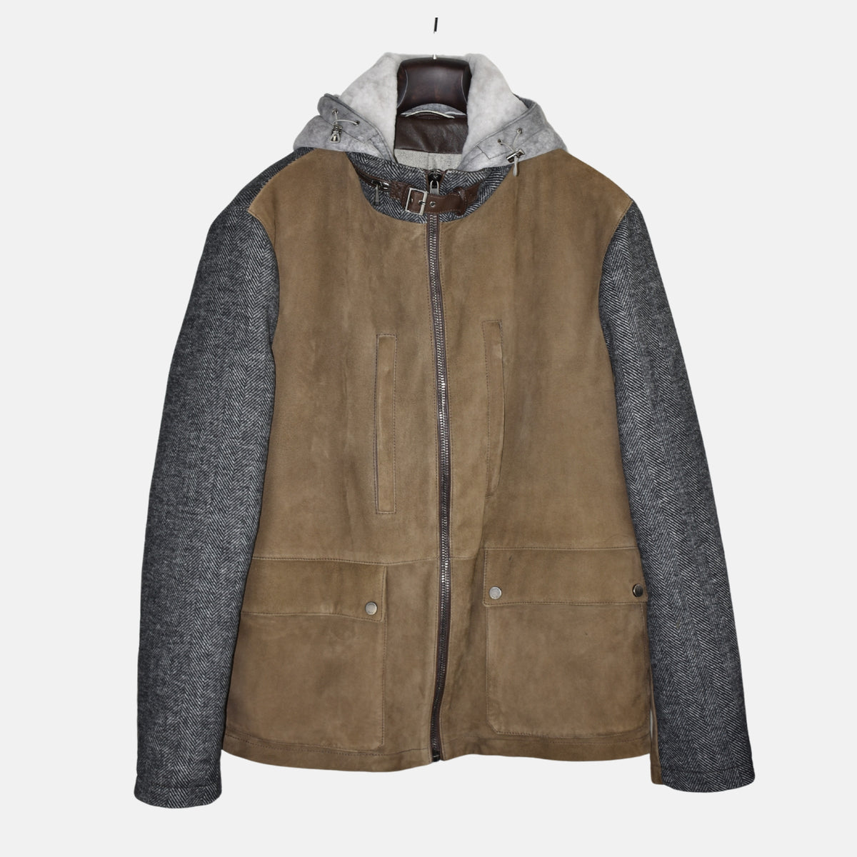 Multicoloured Hooded Jacket made of Leather/Wool/Shearling (EU 54)