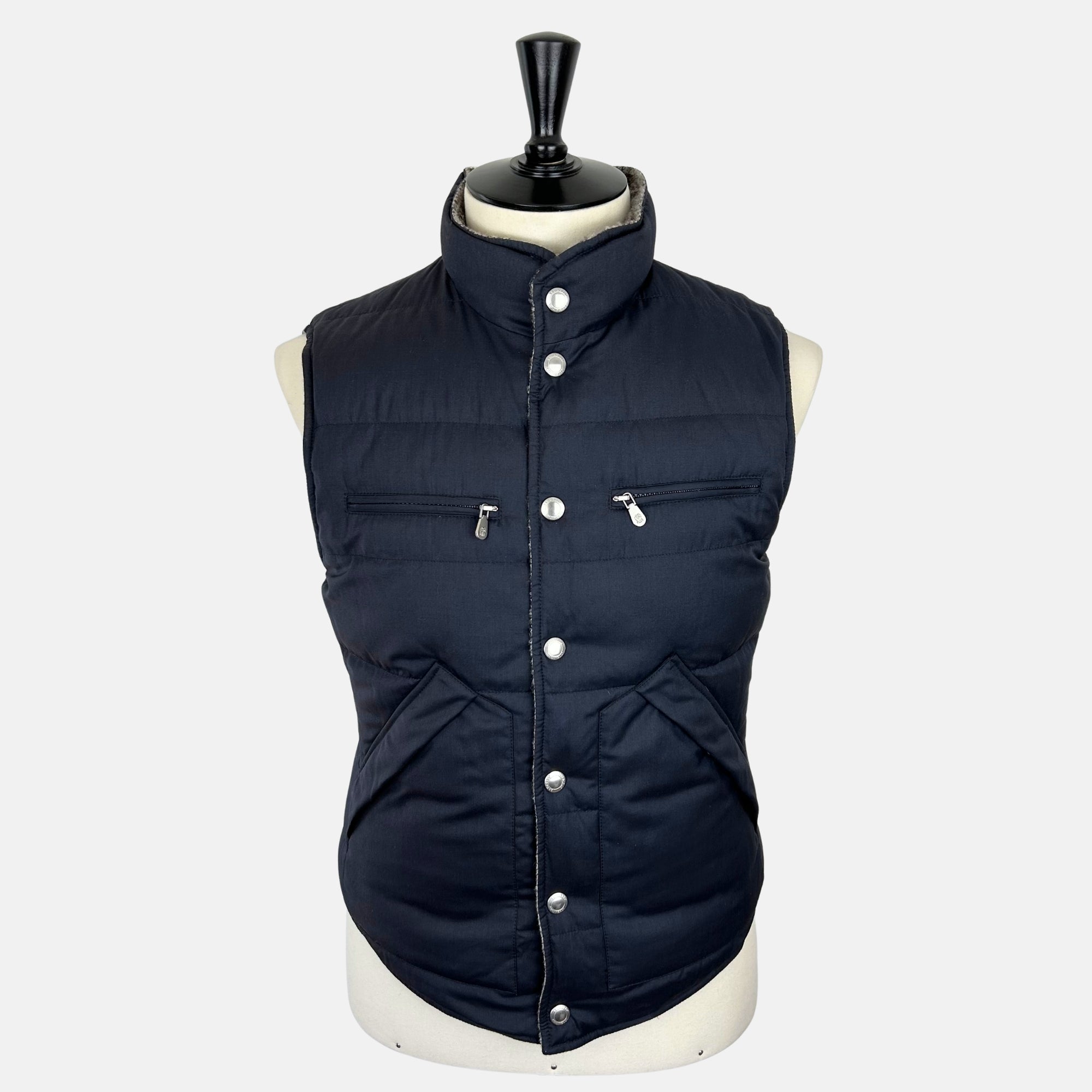 Gray Patterned/Navy Reversible Down Vest made of Wool/Alpaca/Polyamide/Cashmere (M)
