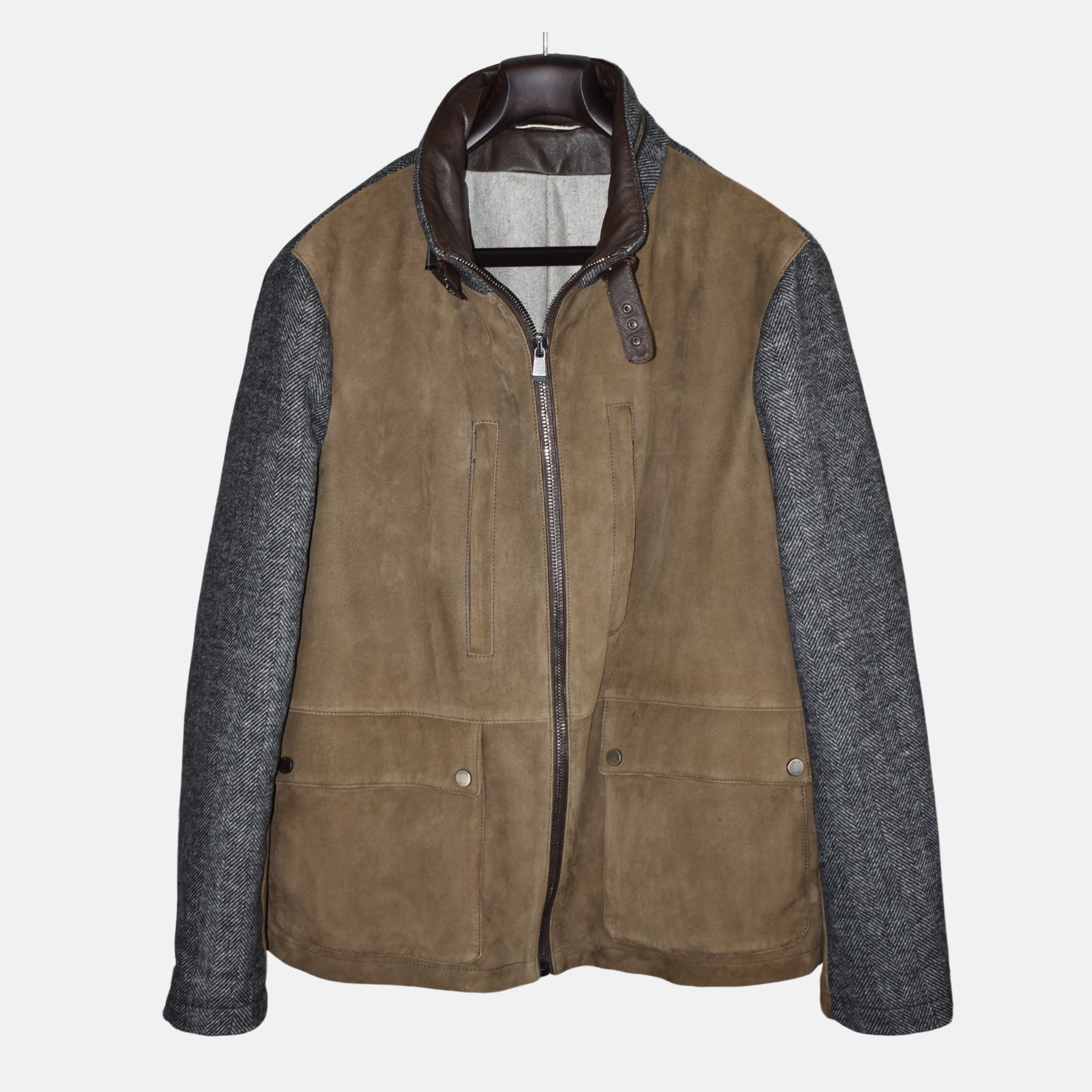Mehrfarbige Kapuzenjacke aus Leder/Wolle/Shearling (EU 54)
