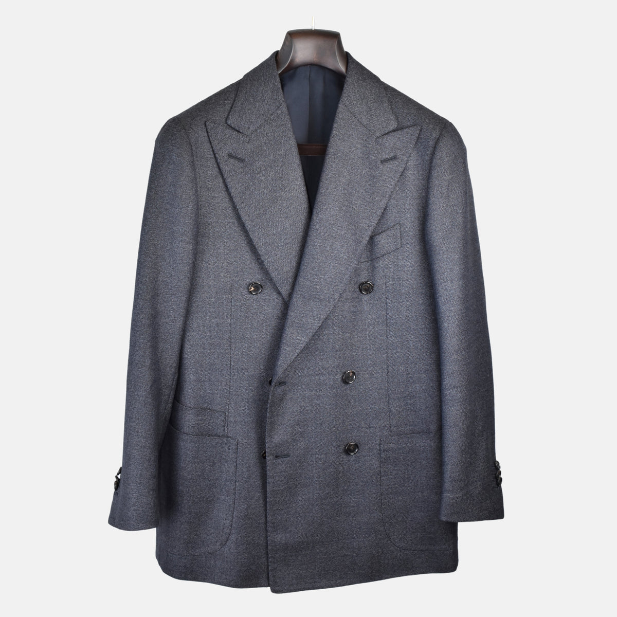 Dark Blue Patterned Double-Breasted Suit made of Wool (EU 46)